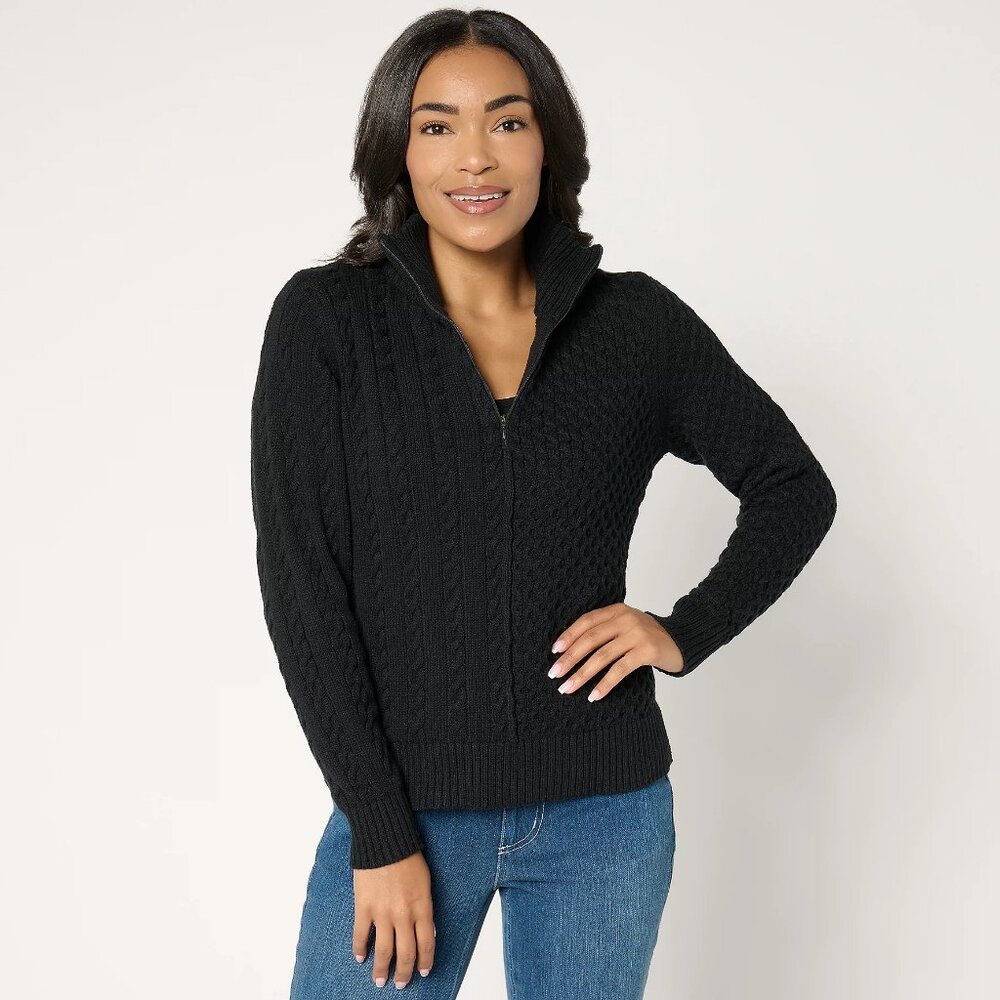 AnyBody Mixed Stitch Half Zip Sweater with Side Slits - Black Sz 1X a694928